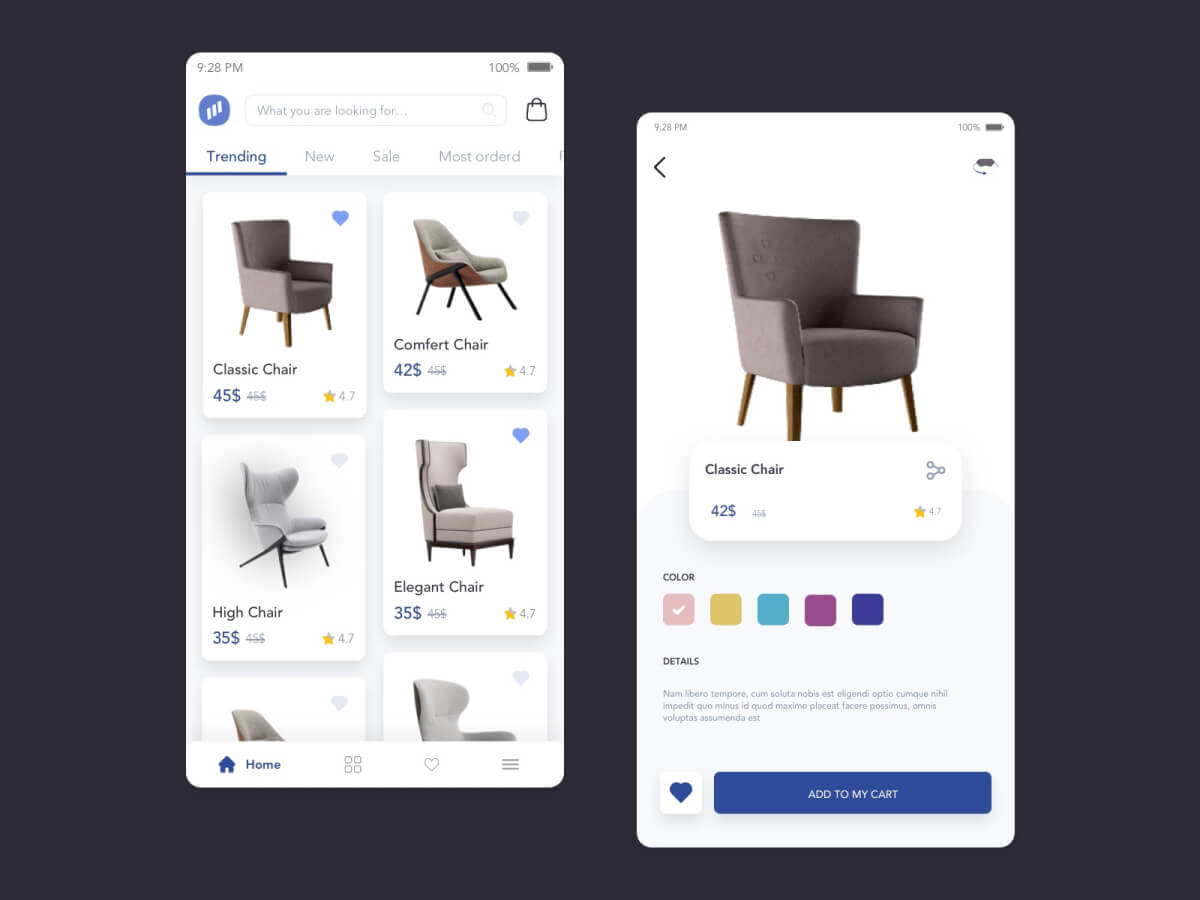 Free Furniture Store App UI Template Sketch